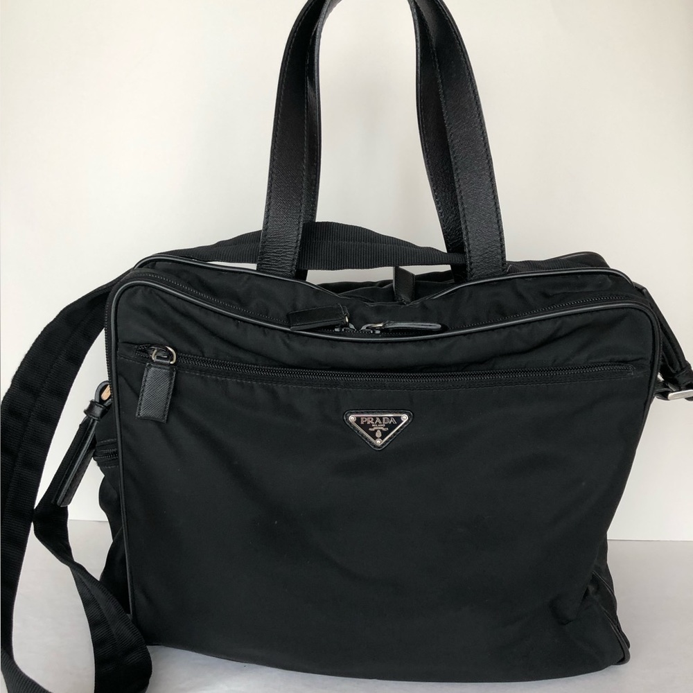 Prada carryall tote Convertible Crossbody Black Nylon Leather trim Travel bag